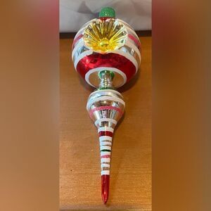 Vintage Glass Tree Topper Medium Multicolor Striped Glitter Finial Christmas 7"
